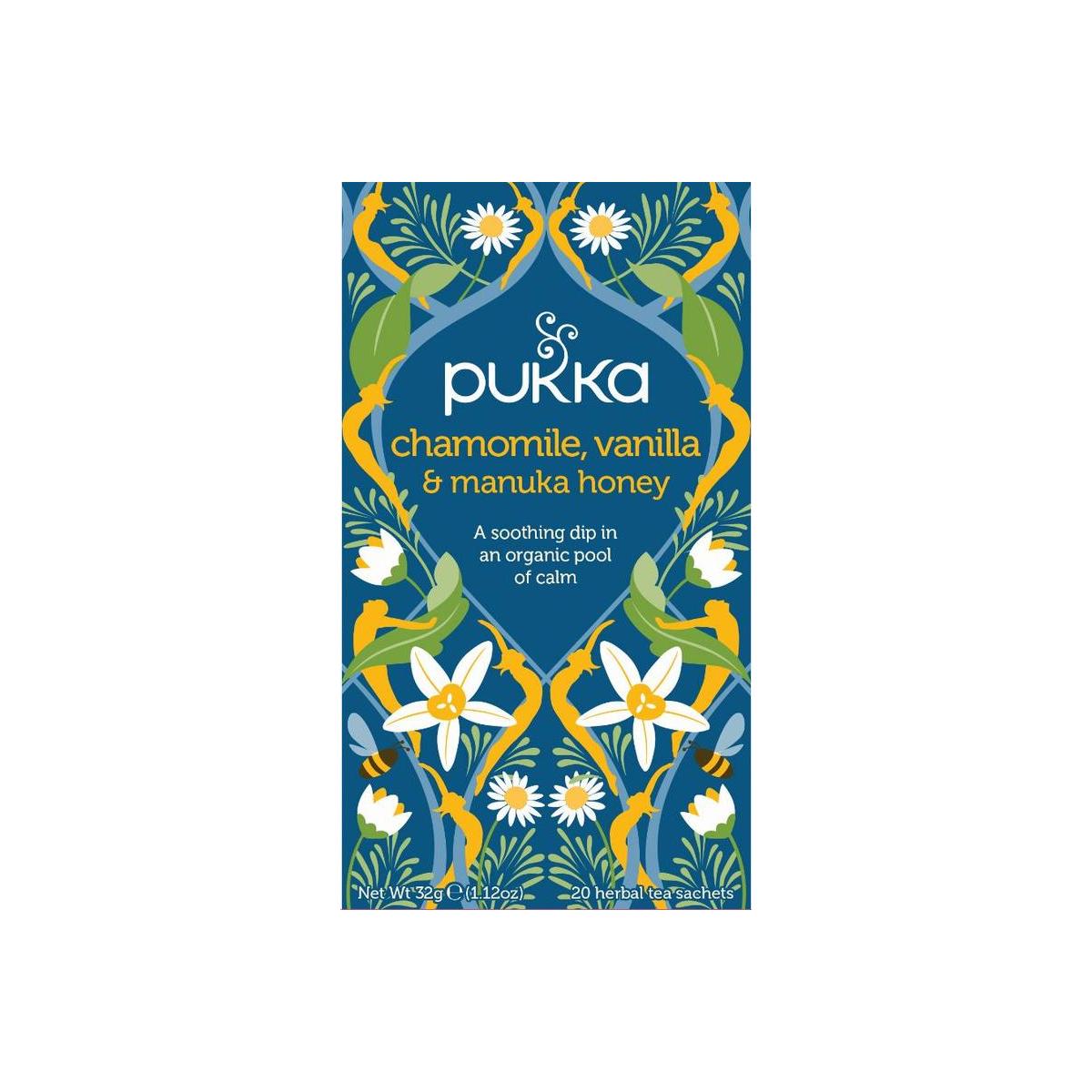 Pukka Chamomile vanille and manuka honey herbal tea bags, 20-count, featuring chamomile, vanilla, and honey ingredients.