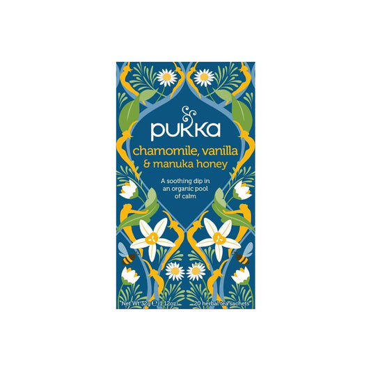 Pukka Chamomile vanille and manuka honey herbal tea bags, 20-count, featuring chamomile, vanilla, and honey ingredients.