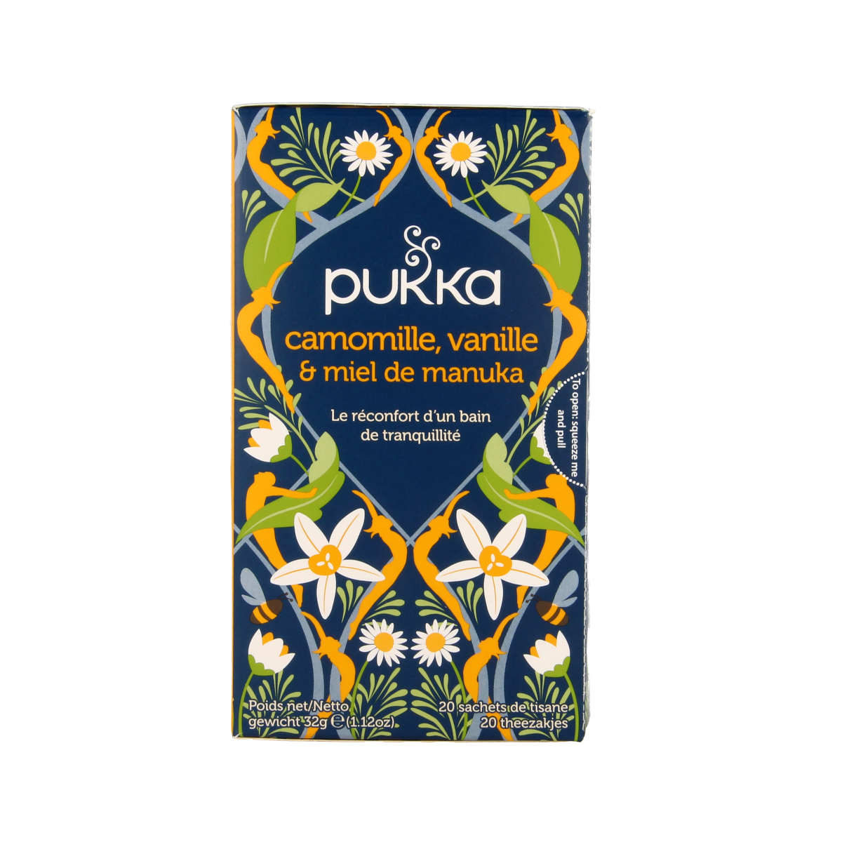 Pukka Chamomile Vanille and Manuka Honey herbal tea in a box with 20 tea bags, featuring chamomile flowers, vanilla pods, and honey.