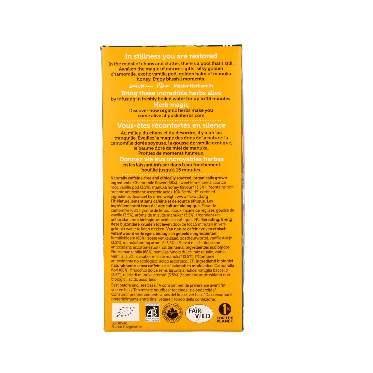 Pukka Chamomile Vanille and Manuka Honey herbal tea bags in a box, featuring chamomile flowers, vanilla pods, and honey.