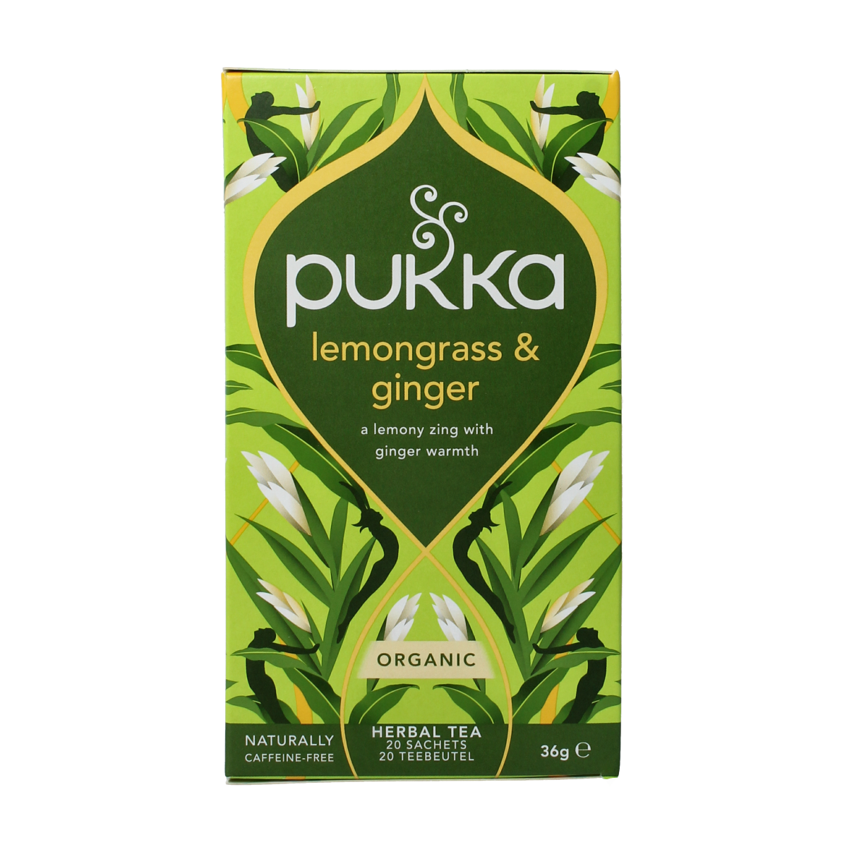 Pukka Lemongrass & ginger organic tea in a box with 20 tea bags, showing fresh lemongrass and ginger ingredients.