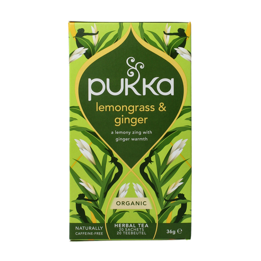 Pukka Lemongrass & ginger organic tea in a box with 20 tea bags, showing fresh lemongrass and ginger ingredients.