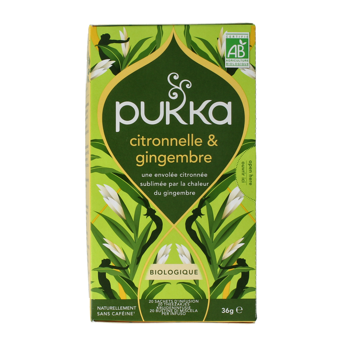 Pukka Lemongrass and ginger organic tea bags, 20-count, in a clear box with fresh lemongrass and ginger ingredients visible.