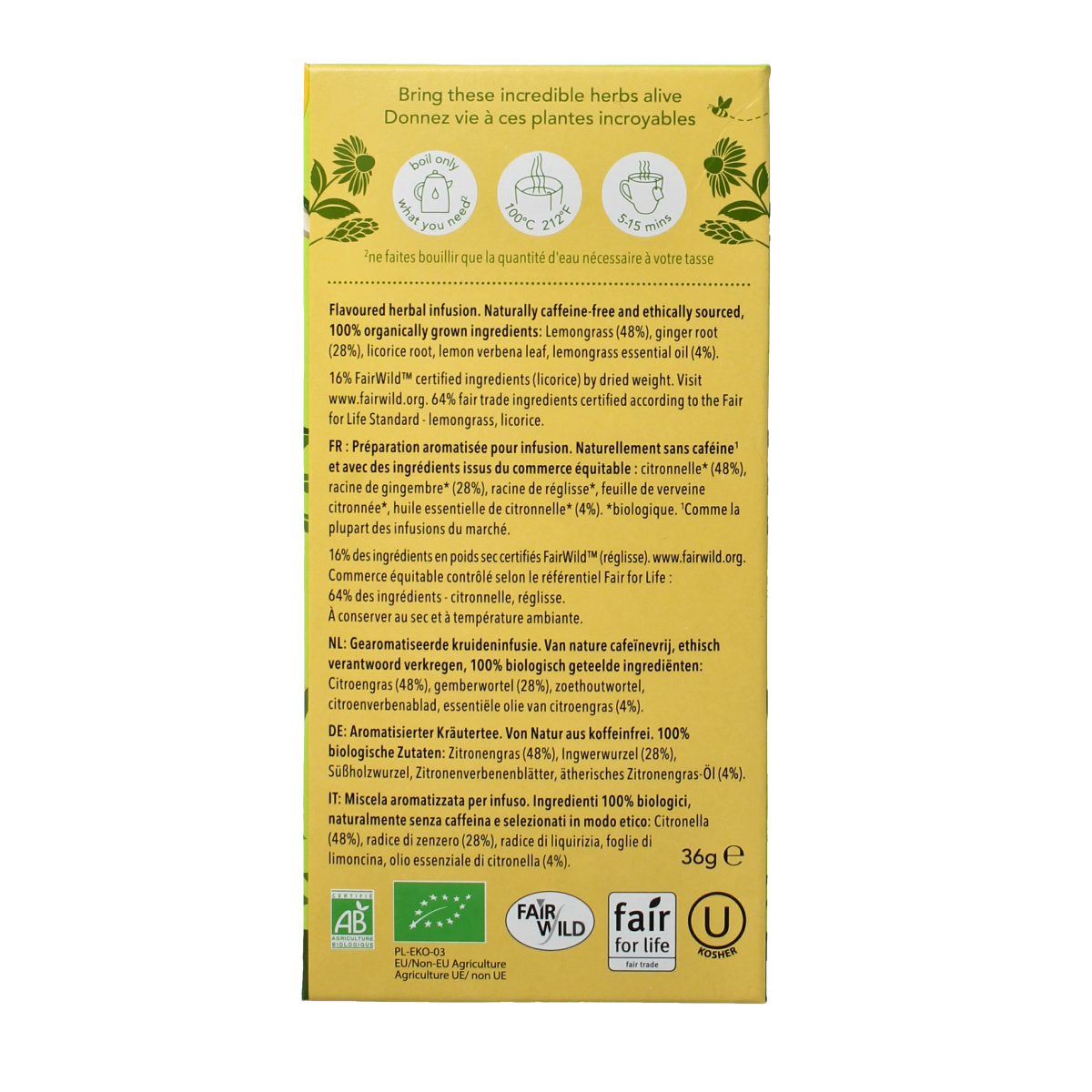 Pukka Lemongrass & ginger organic herbal tea in a box with 20 tea bags, showcasing fresh lemongrass and ginger ingredients.