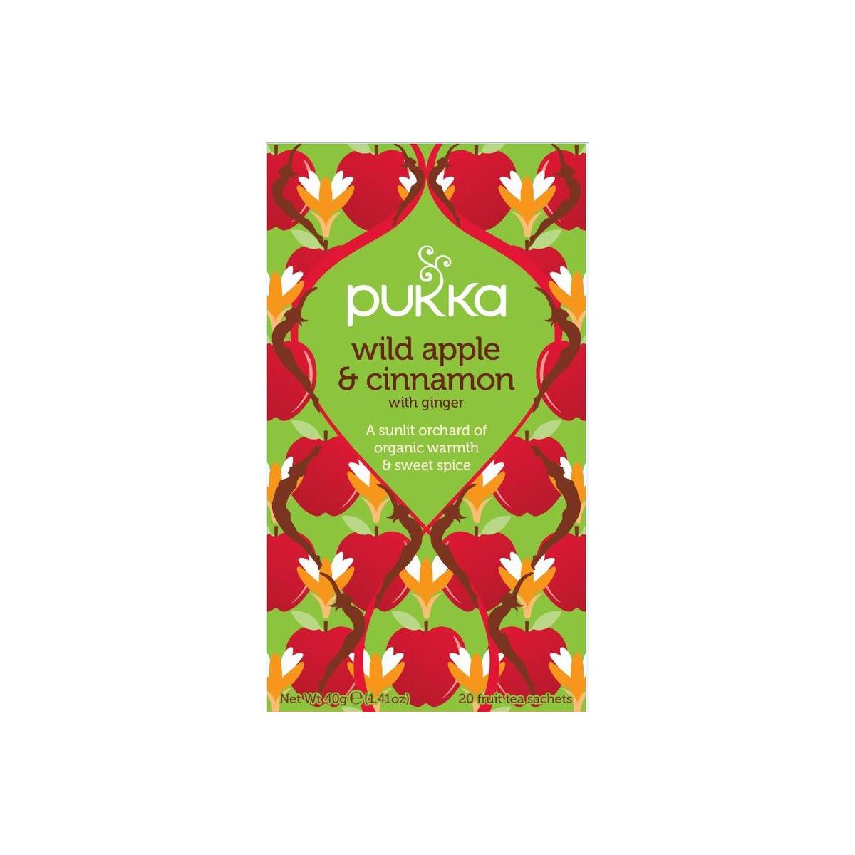 Pukka Wild Apple & Cinnamon bio tea in a box with 20 tea bags, featuring fresh apple and cinnamon flavor.