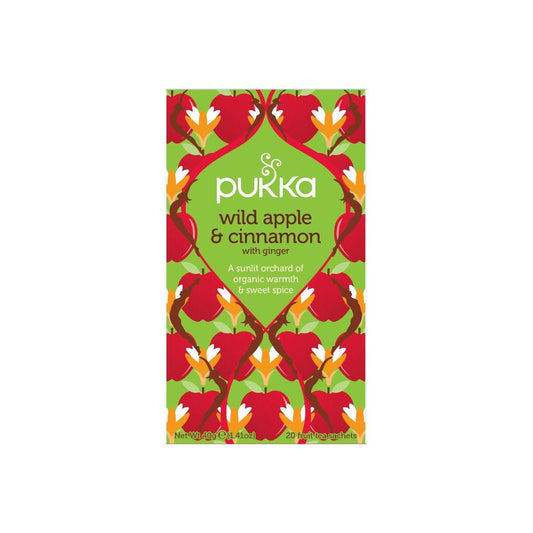 Pukka Wild Apple & Cinnamon bio tea in a box with 20 tea bags, featuring fresh apple and cinnamon flavor.