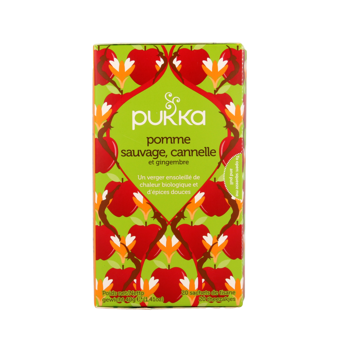 Pukka Wild Apple & Cinnamon bio tea in a box with 20 tea bags, showcasing the tea packaging and fresh ingredients.