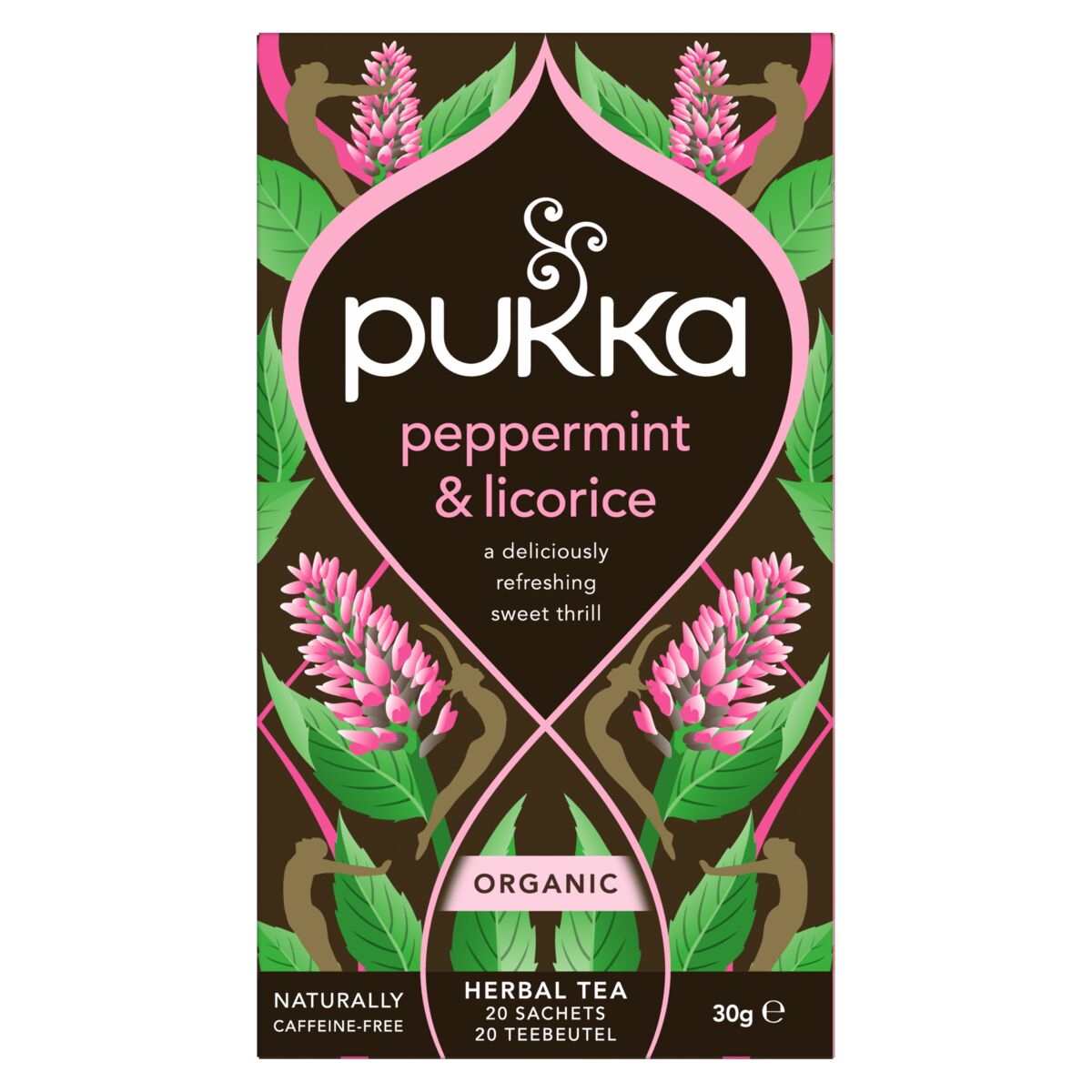 Pukka Peppermint & Licorice Herb Tea in a box, 20 tea bags, featuring fresh peppermint and licorice root ingredients.