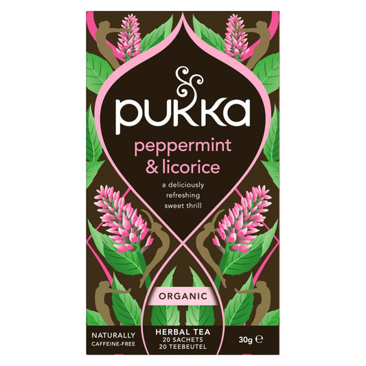 Pukka Peppermint & Licorice Herb Tea in a box, 20 tea bags, featuring fresh peppermint and licorice root ingredients.