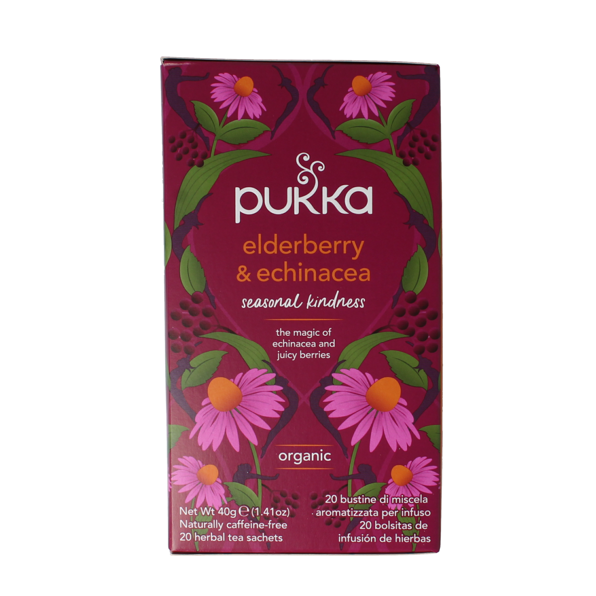 Pukka Elderberry & Echinacea organic tea bags, 20-count, herbal tea with elderberry and echinacea in a resealable package.