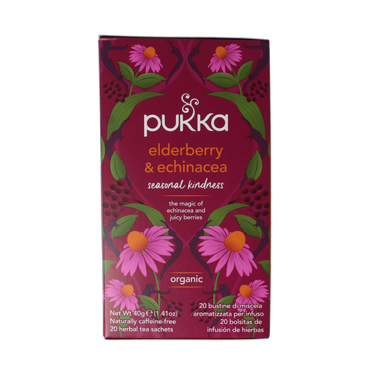 Pukka Elderberry & Echinacea organic tea bags, 20-count, herbal tea with elderberry and echinacea in a resealable package.