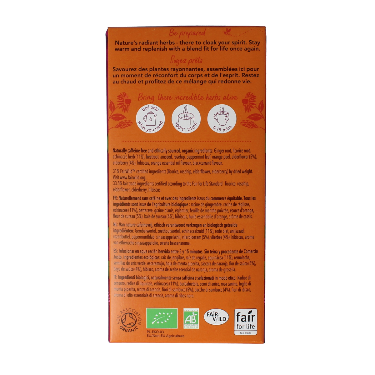 Pukka Elderberry & Echinacea bio tea sachets, herbal tea blend with elderberry and echinacea, in a box of 20 sachets.