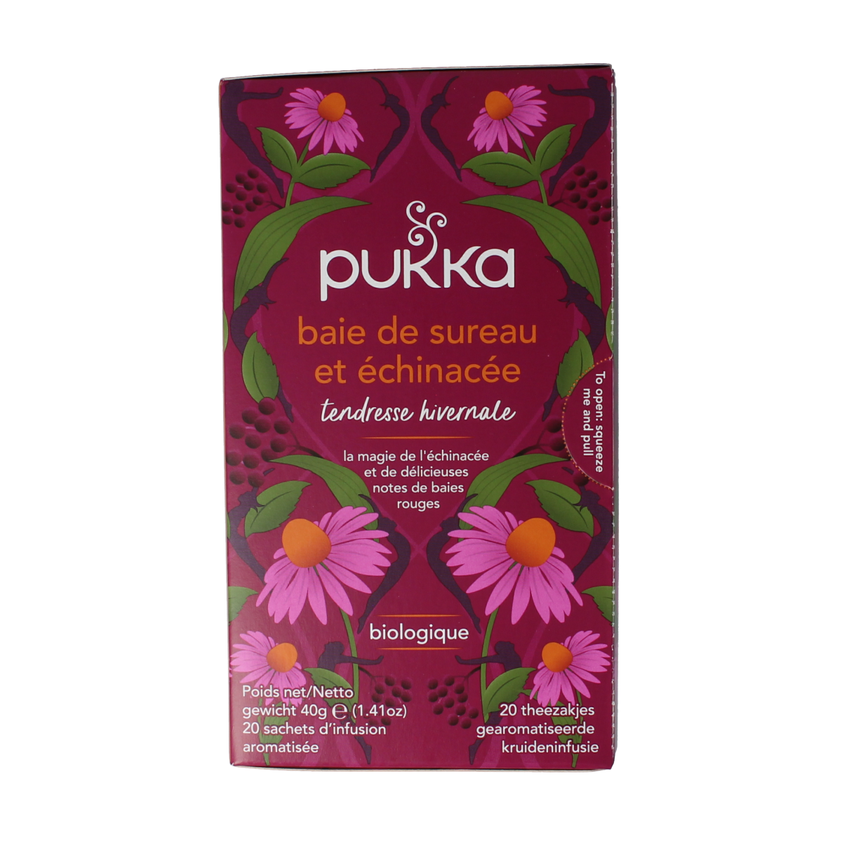 Pukka Elderberry & Echinacea organic tea sachets, herbal wellness blend in a box, natural herbal tea product.