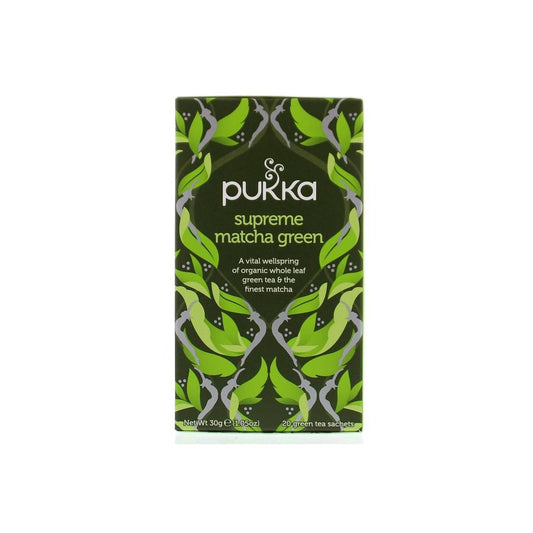 Pukka Supreme Matcha Green Tea bio, 20 tea bags, fresh green matcha powder in a natural tea packaging.