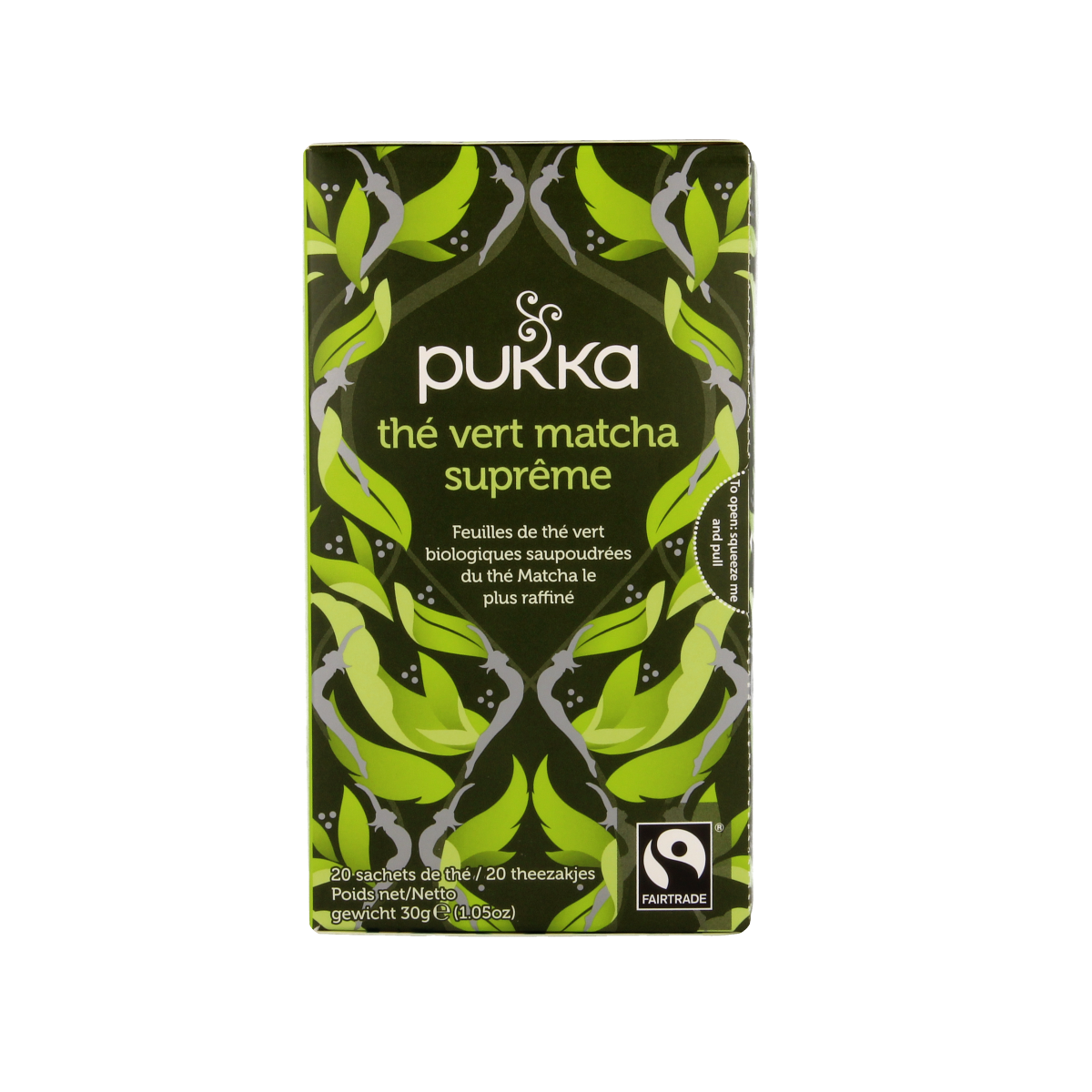 Pukka Supreme Matcha green tea in biodegradable tea bags, featuring vibrant green tea leaves for a refreshing beverage.