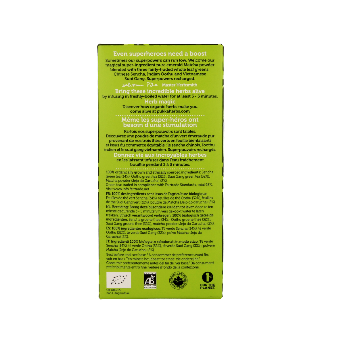 Pukka Supreme Matcha green tea bio in a box with 20 tea bags, fresh green tea leaves and packaging.