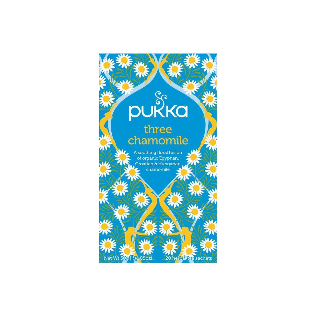 Pukka Three Chamomile bio tea bags box showing 20 tea sachets with chamomile flowers on the packaging.