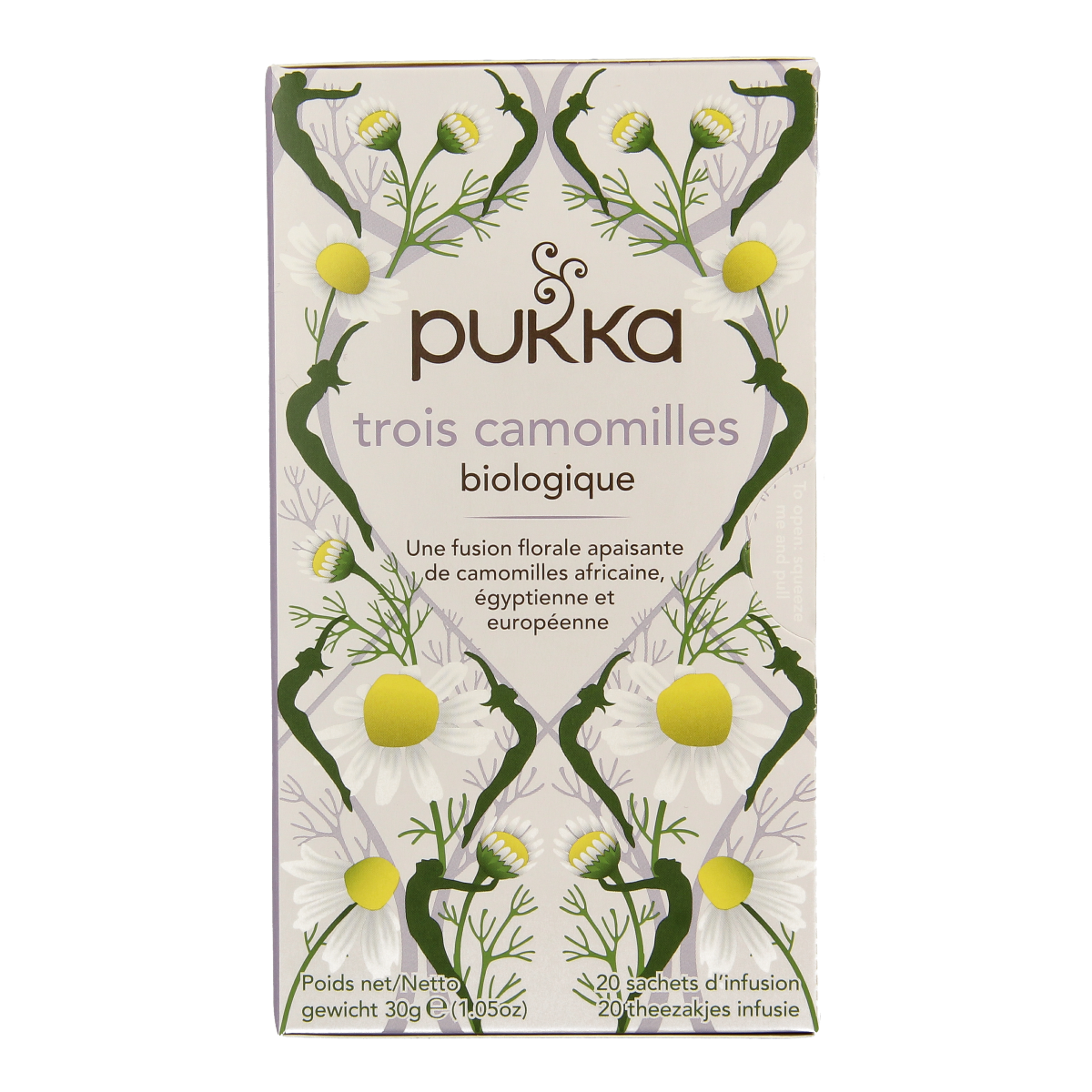 Pukka Three Chamomile bio tea bags in a box, featuring chamomile flowers and tea leaves, for soothing herbal tea.