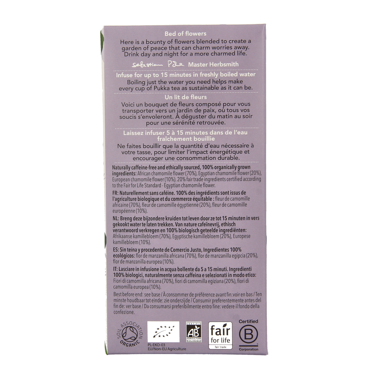 Pukka Three Chamomile bio tea bags, 20-count, showing the tea box with chamomile flowers and natural packaging.