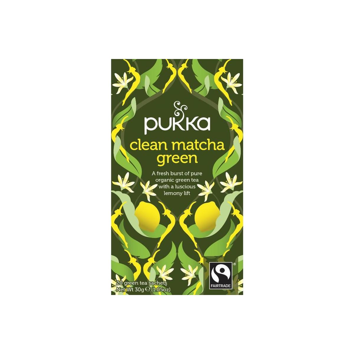 Pukka Clean Matcha Green Bio tea bags in a box, organic green tea product from Pukka for healthy detox and energy.