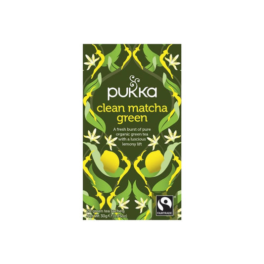 Pukka Clean Matcha Green Bio tea bags in a box, organic green tea product from Pukka for healthy detox and energy.