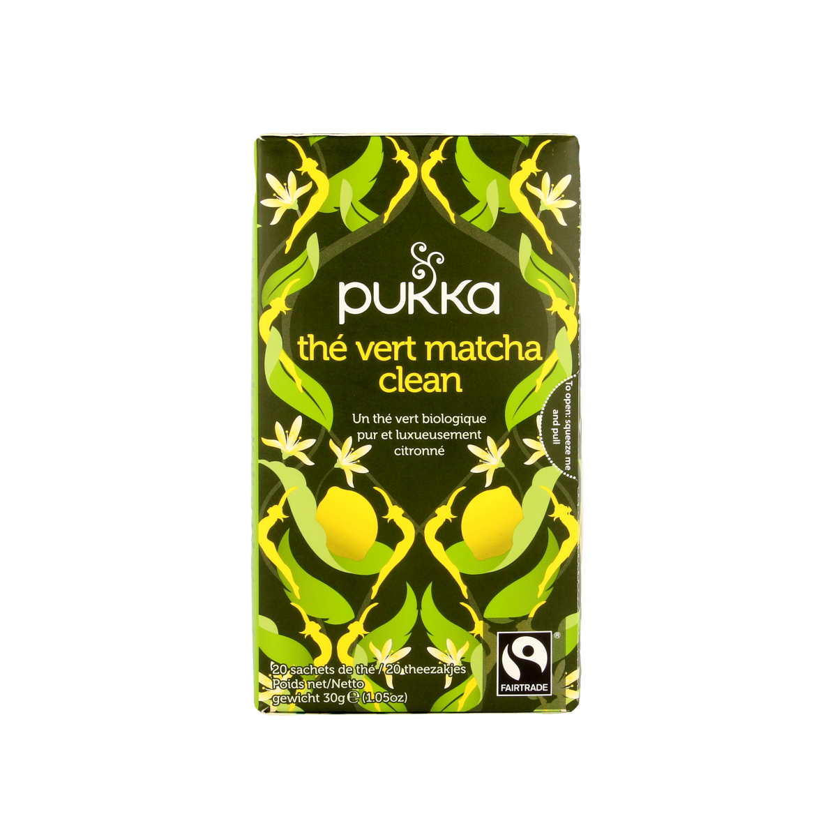 Pukka Clean Matcha green tea in 20 biodegradable tea bags, vibrant green powder inside a box, natural and organic tea product.