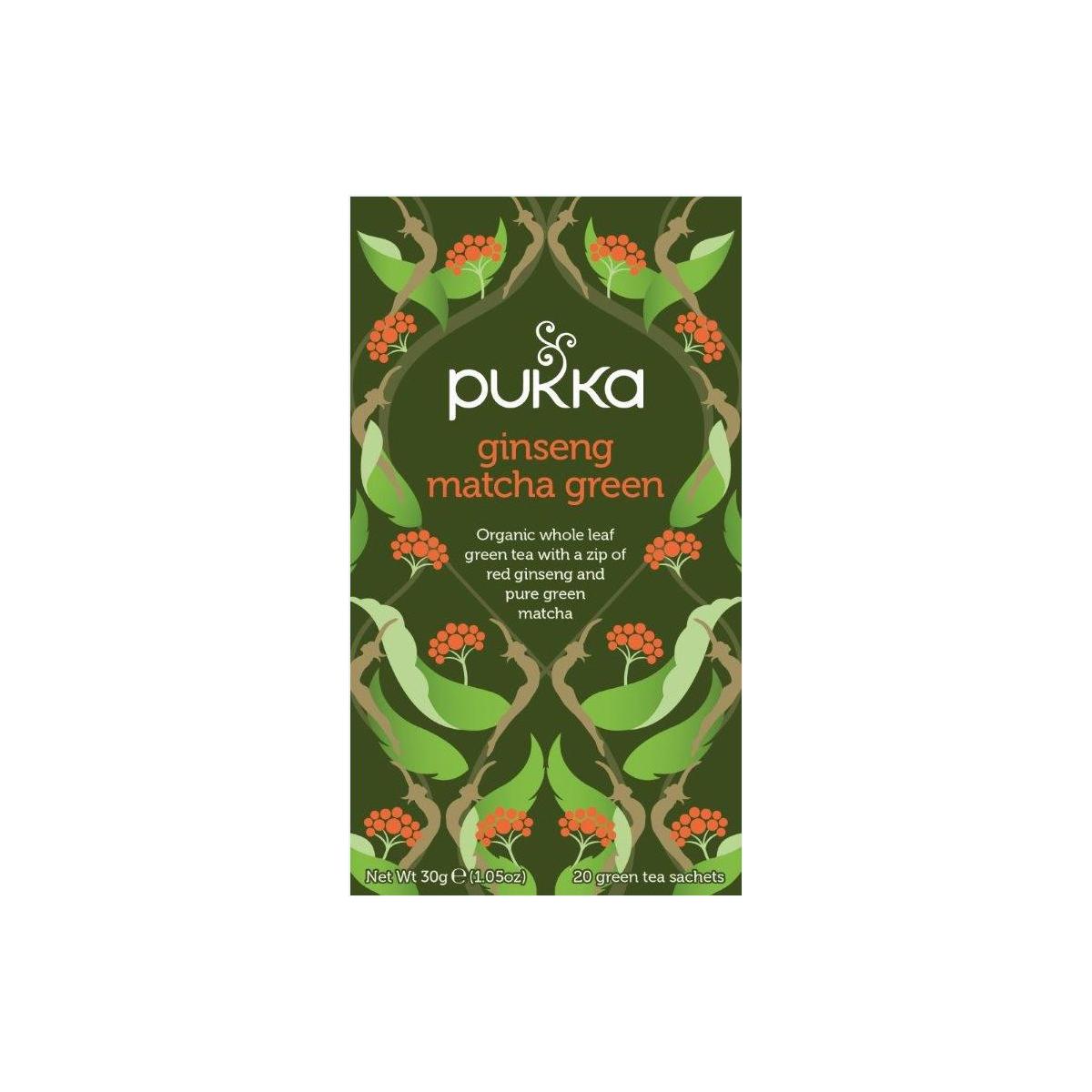Pukka Ginseng Matcha Green tea in a box, featuring 20 bio tea bags with vibrant green tea leaves and ginseng roots.