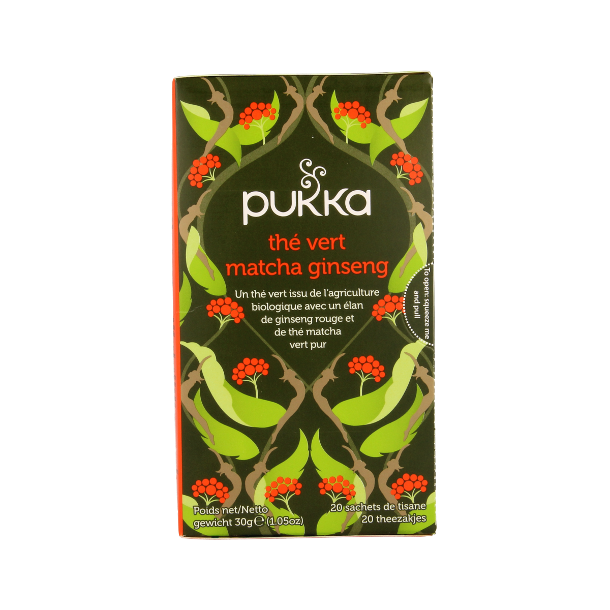 Pukka Ginseng Matcha Green Bio tea bags, 20-pack, featuring vibrant green tea leaves and ginseng root for a healthful brew.
