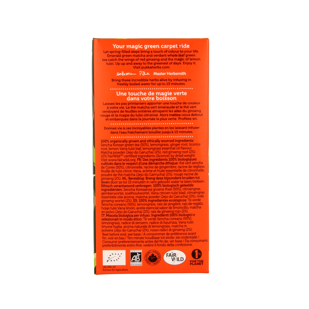 Pukka Ginseng Matcha Green tea in bio sachets, showing vibrant green tea leaves and ginseng root on the packaging.