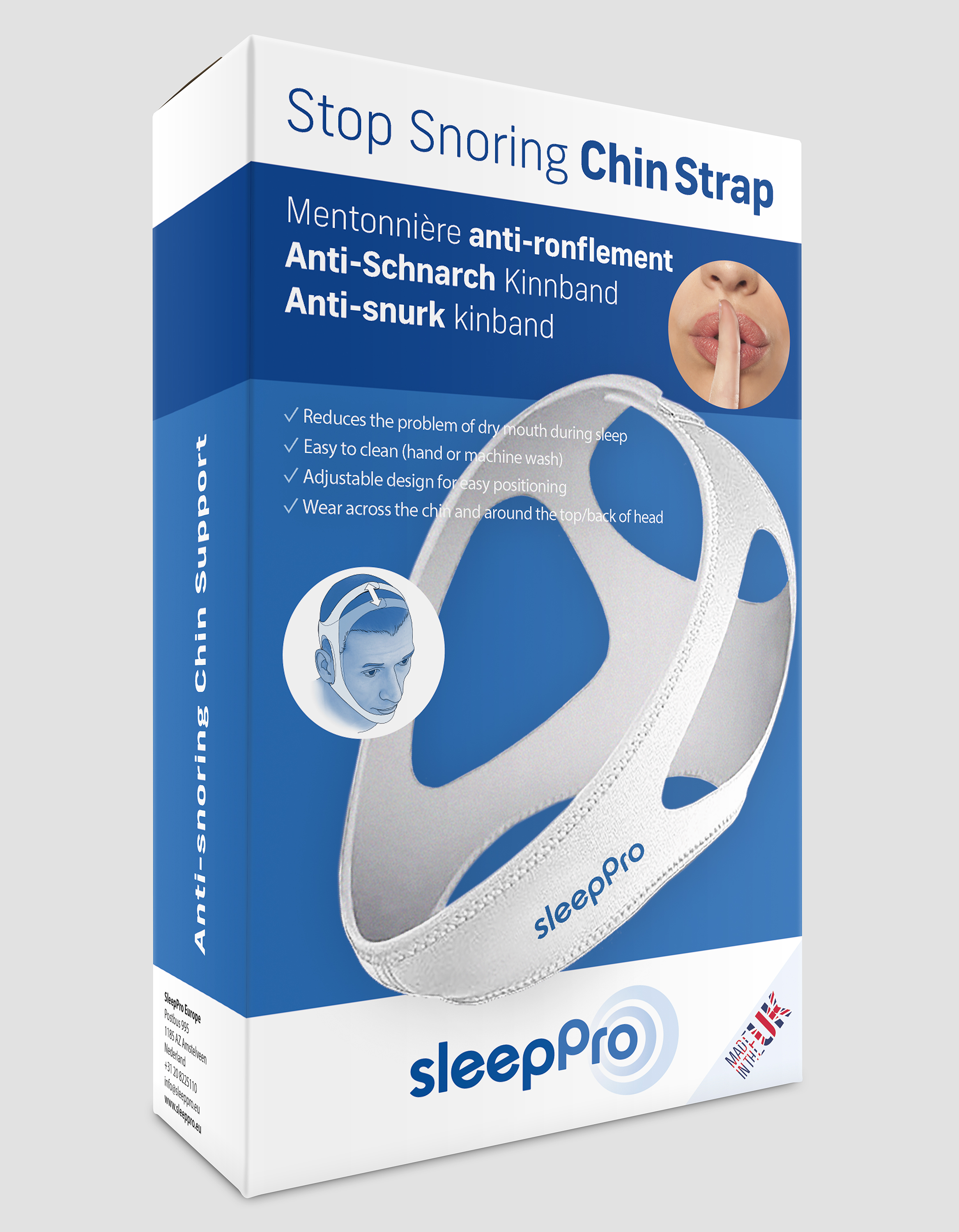 SleepPro Kinband anti-snore device in a bedroom setting, showing the small, adjustable mouthpiece for snoring reduction.