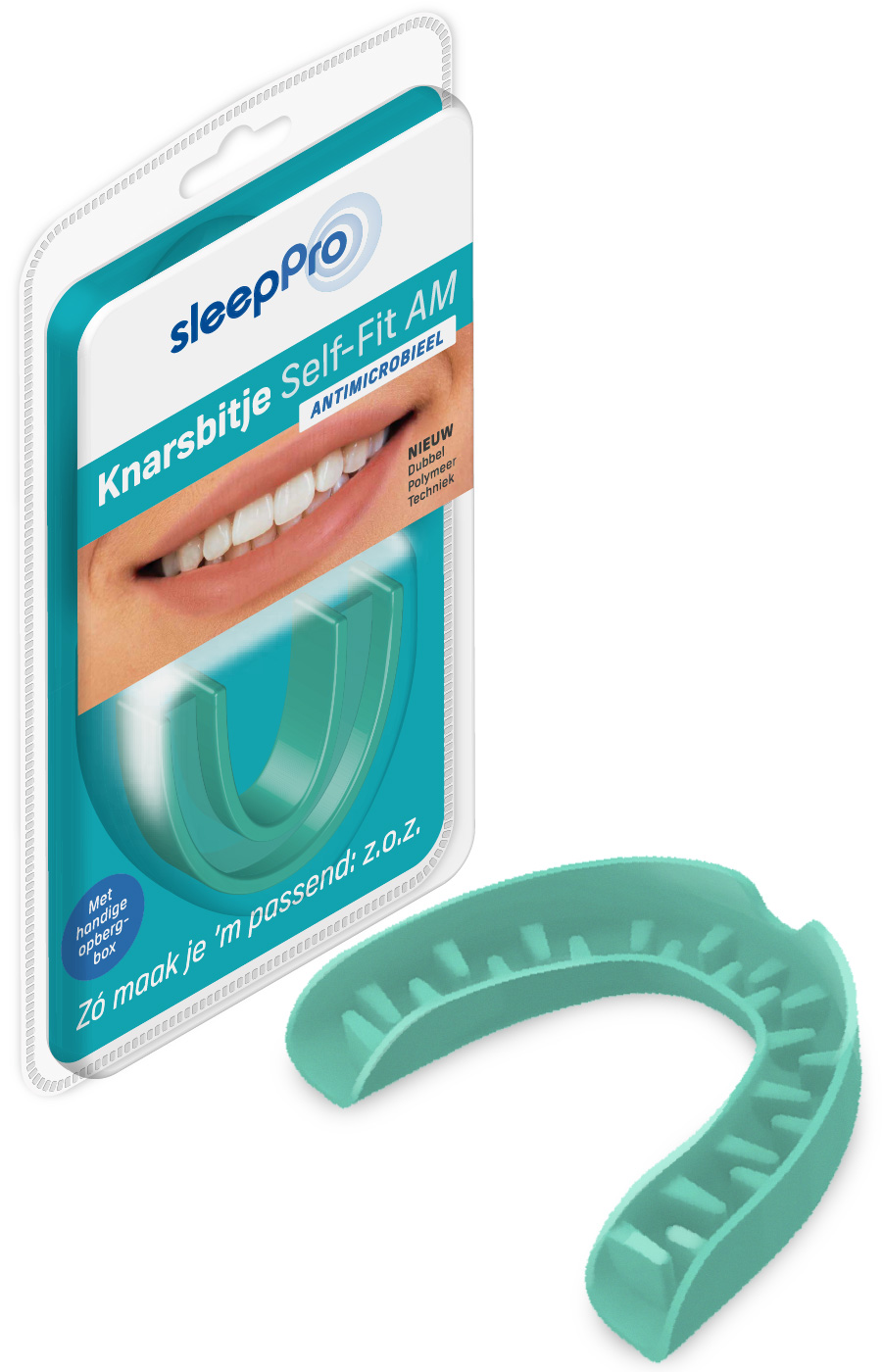 SleepPro Knarsbitje self-fit AM, anti-microbial mouthguard for sleep therapy, shown in this image on a white background.