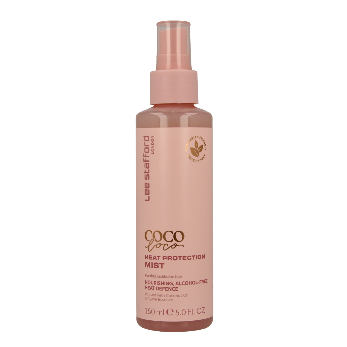 Lee Stafford Coco Loco & Agave heat protection mist for hair styling, 150ml bottle showing the product label and spray nozzle.