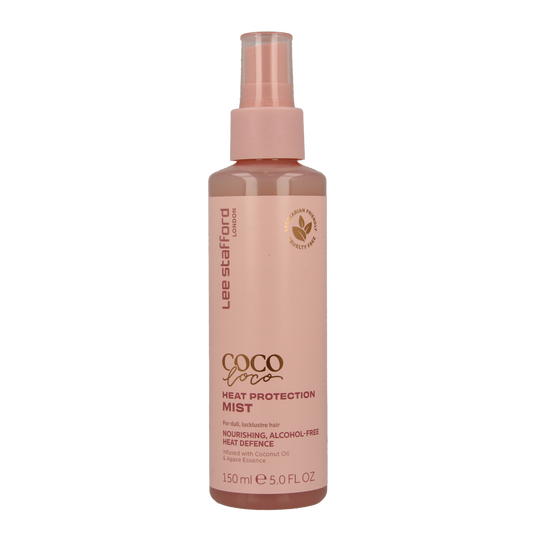Lee Stafford Coco Loco & Agave heat protection mist for hair styling, 150ml bottle showing the product label and spray nozzle.