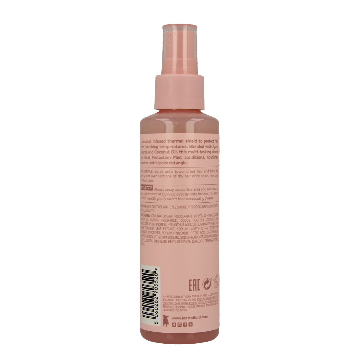 Lee Stafford Coco Loco & Agave heat protection mist spray bottle for hair styling, 150ml, with coconut and agave ingredients.