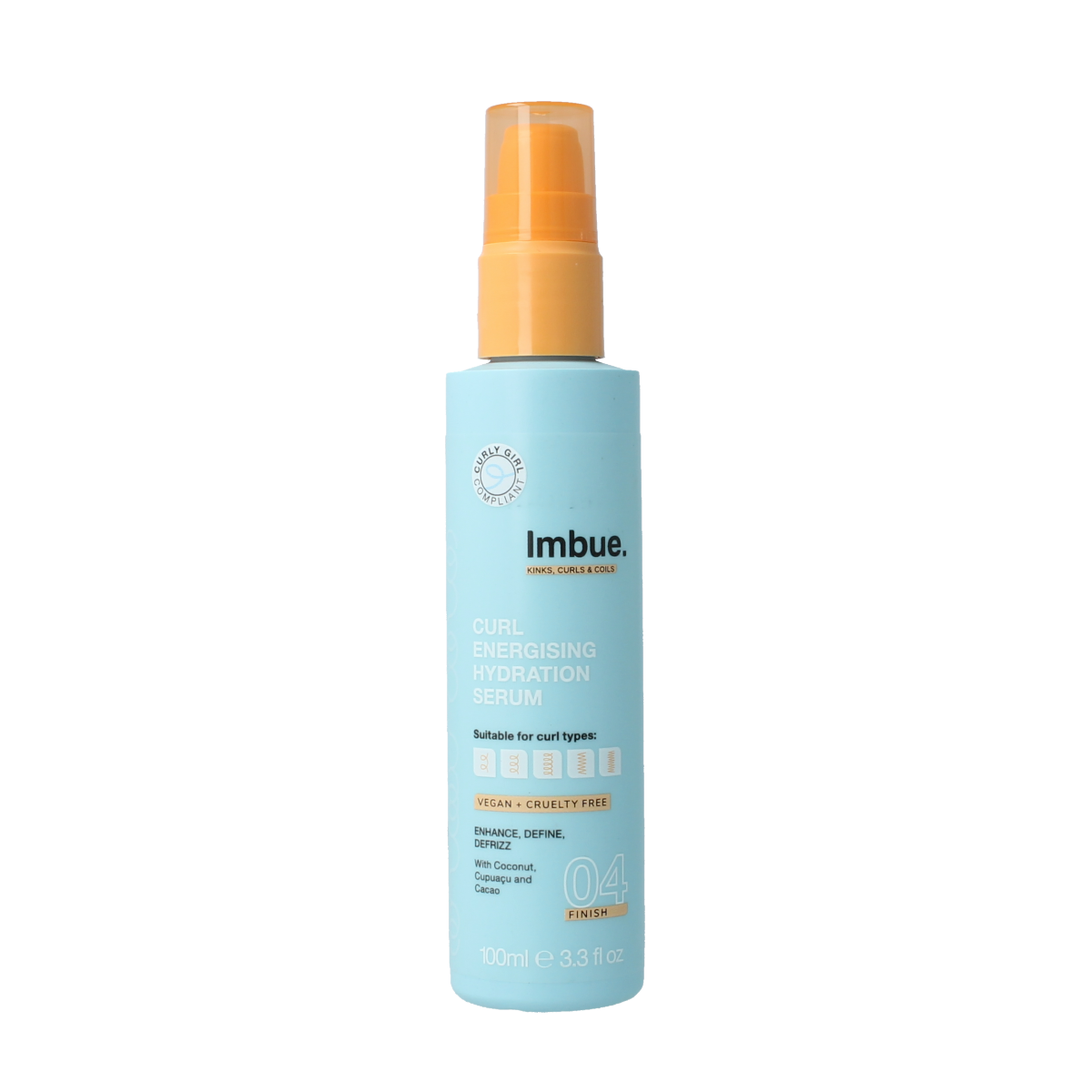 Imbue Curl Energise Hydration Serum bottle, 100ml, for hair care, featuring product label and transparent packaging.
