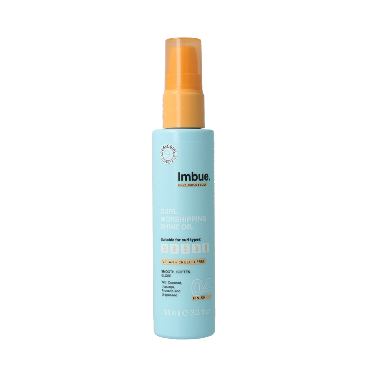 Imbue Curl Worshipping Shine Oil 100ml, a Haarverzorging product with a sleek bottle and dropper applicator for shiny, well-cared curls.