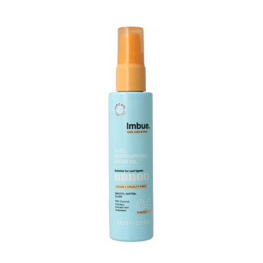 Imbue Curl Worshipping Shine Oil 100ml, a Haarverzorging product with a sleek bottle and dropper applicator for shiny, well-cared curls.