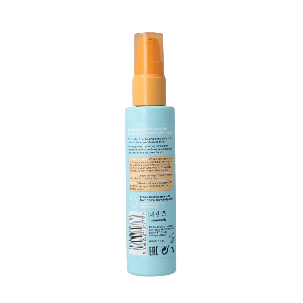 Imbue Curl Worshipping Shine Oil 100ml bottle with dropper cap, designed for enhancing curly hair shine and hydration.