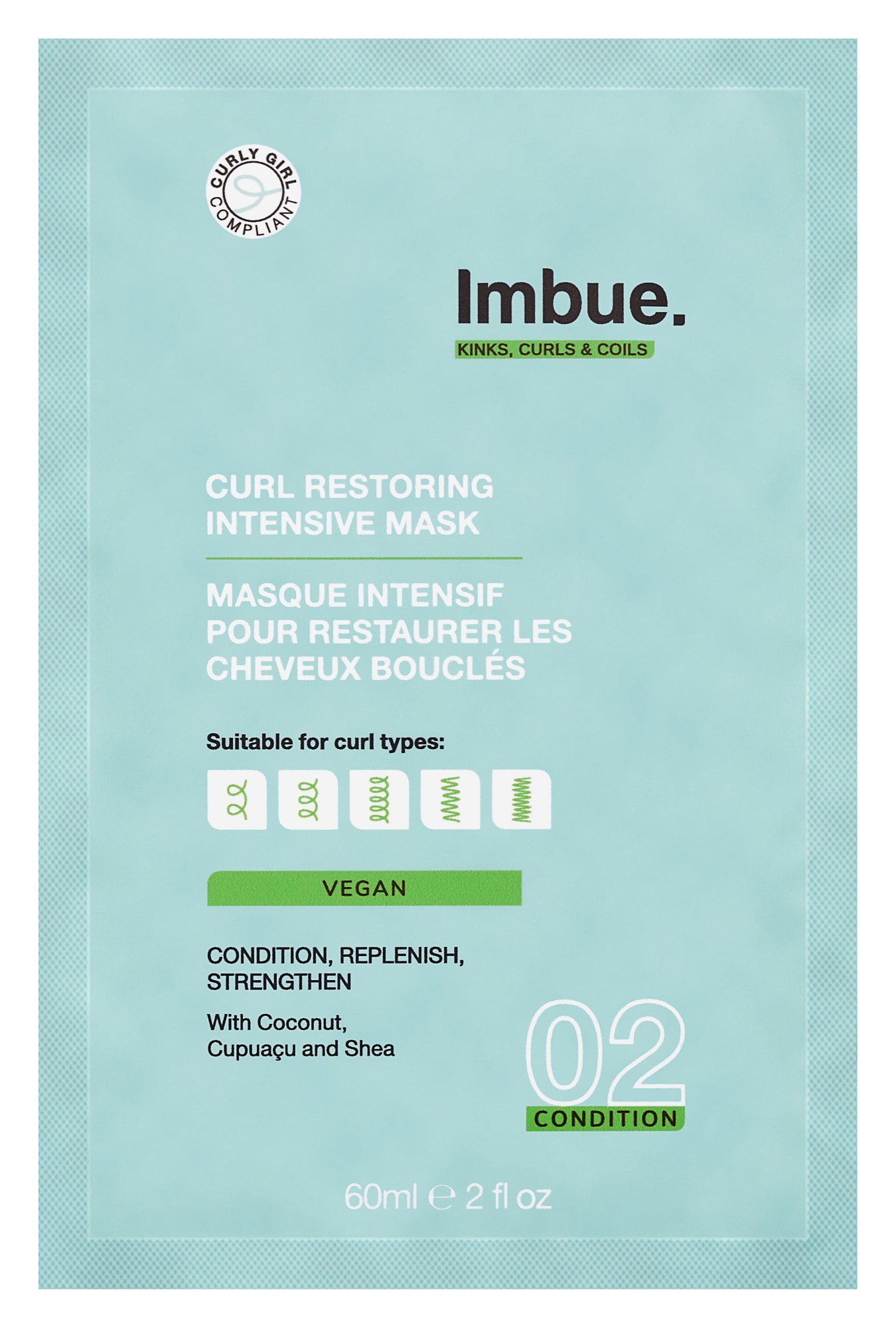 Imbue Curl Restoring Intensive Mask sachet for hair care, 60ml, displaying the product packaging and branding.