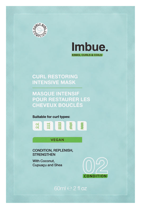 Imbue Curl Restoring Intensive Mask sachet for hair care, 60ml, displaying the product packaging and branding.