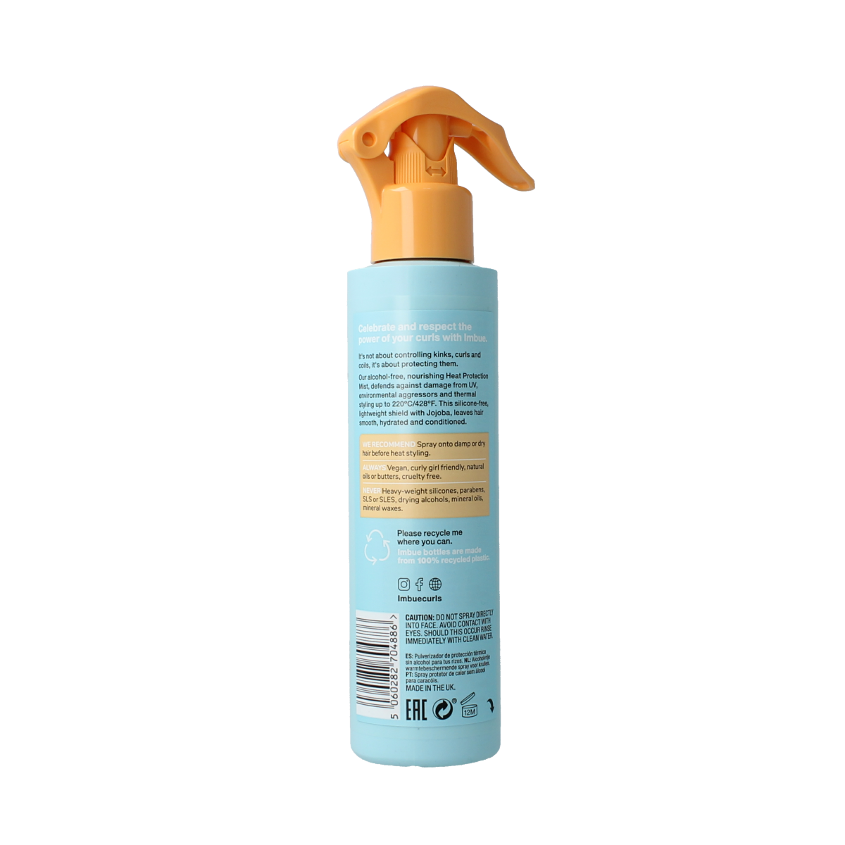Imbue Curl defending heat protection mist in 200ml spray bottle, designed for hair care and styling protection.