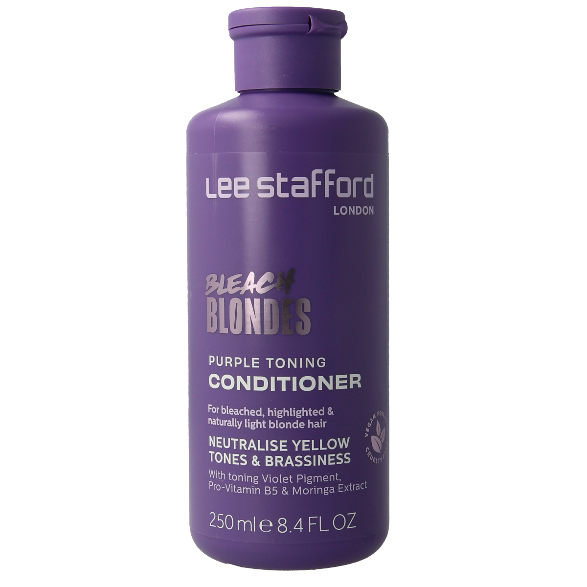 Lee Stafford Beach Blondes purple toning conditioner, 250ml, in a white bottle with purple accents for blonde hair care.