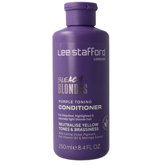 Lee Stafford Beach Blondes purple toning conditioner, 250ml, in a white bottle with purple accents for blonde hair care.