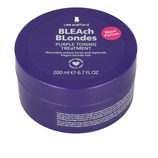 Lee Stafford Bleach Blondes purple toning mask in 200ml jar, nourishing hair care for blonde and bleached hair.
