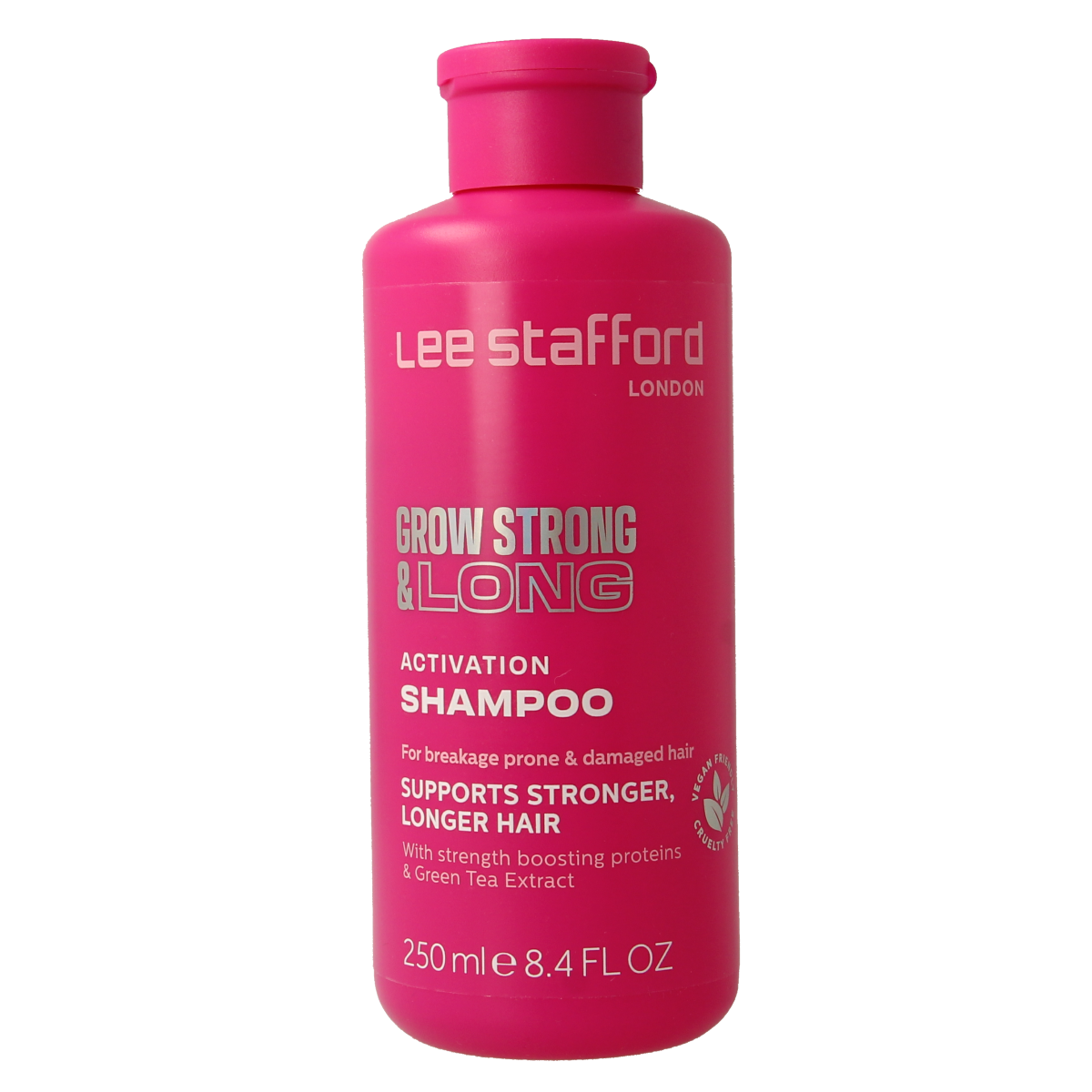 Lee Stafford Grow Long & Strong activation shampoo bottle, 250ml, with sleek packaging and product label visible.