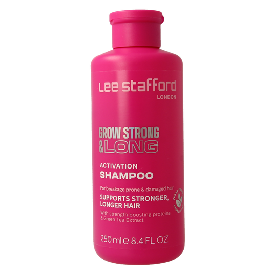 Lee Stafford Grow Long & Strong activation shampoo bottle, 250ml, with sleek packaging and product label visible.