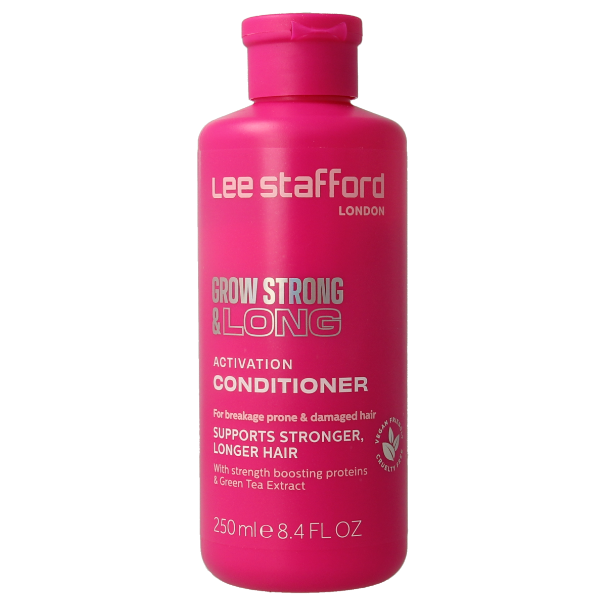 Lee Stafford Grow & Strong Activation Conditioner bottle, 250ml, for hair strengthening and growth in sleek packaging.