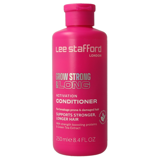 Lee Stafford Grow & Strong Activation Conditioner bottle, 250ml, for hair strengthening and growth in sleek packaging.