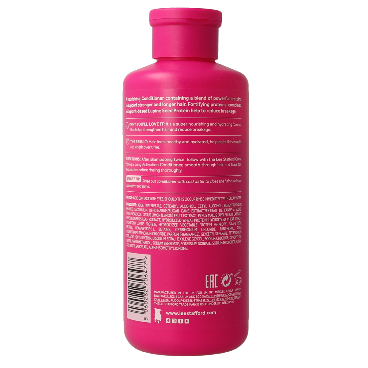 Lee Stafford Grow & Strong activation conditioner bottle, 250ml, hair care product with nourishing formula, shown in the image.