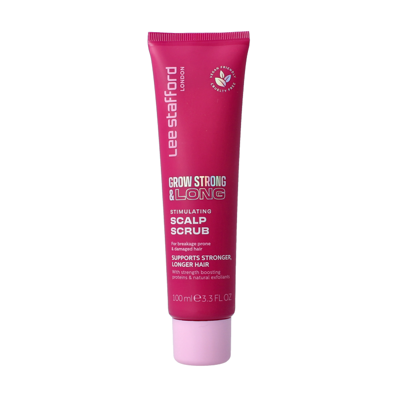 Lee Stafford Grow Long & Strong scalp scrub in a 100ml bottle, for stimulating hair and scalp care.